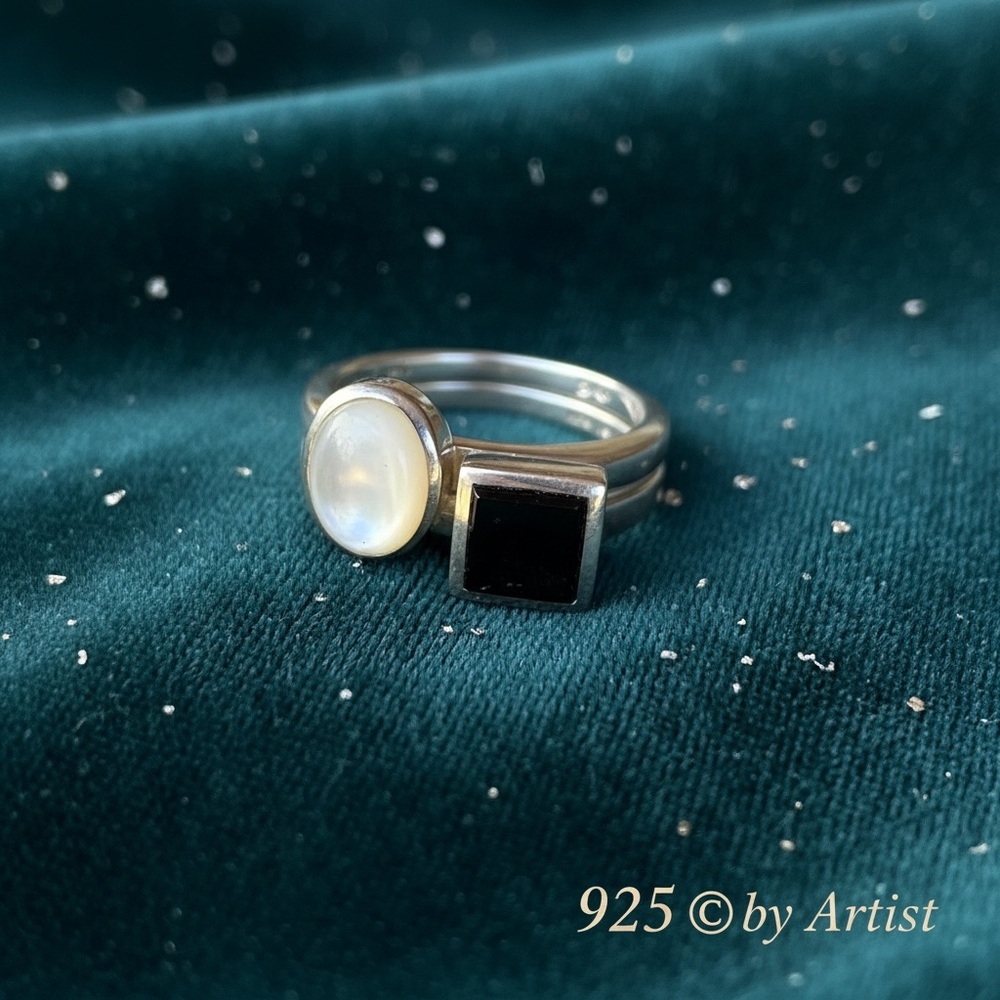 Sterling Silver Moonstone and Black Onyx Stackable Rings two rings - Picture 2 of 6